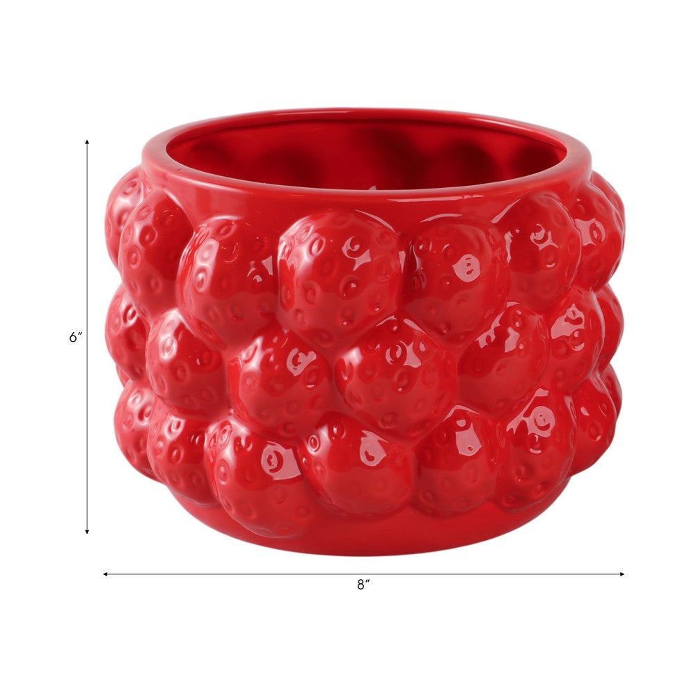 Decorative Planter Pot | 8" Strawberry Textured Design | Red Ceramic