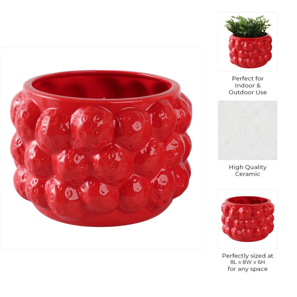 Decorative Planter Pot | 8’’ Strawberry Textured Design | Red Ceramic SBH-20273-04