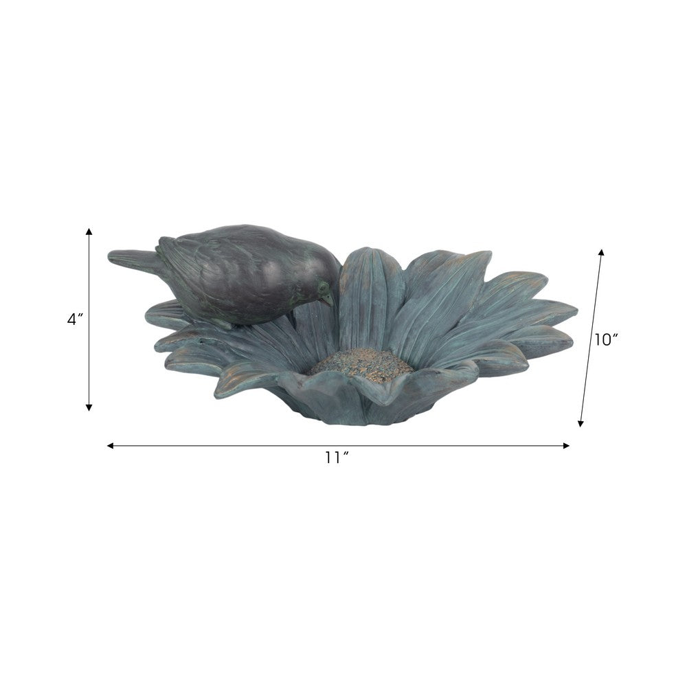 Julie Daisy Bird Feeder with Sculpted Bird | Blue Polyresin 11"
