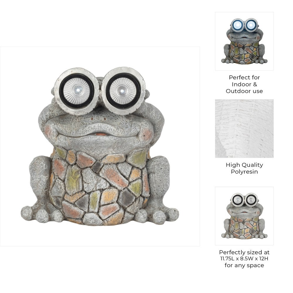 Outdoor Garden Frog Statue Wearing Solar Goggles | 12" Gray Resin