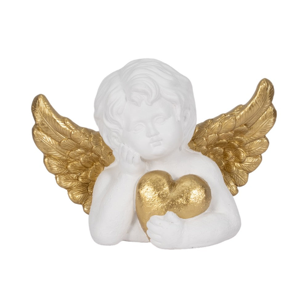 Outdoor Decorative Garden Cherub | Gold Heart & Wings | 15" White