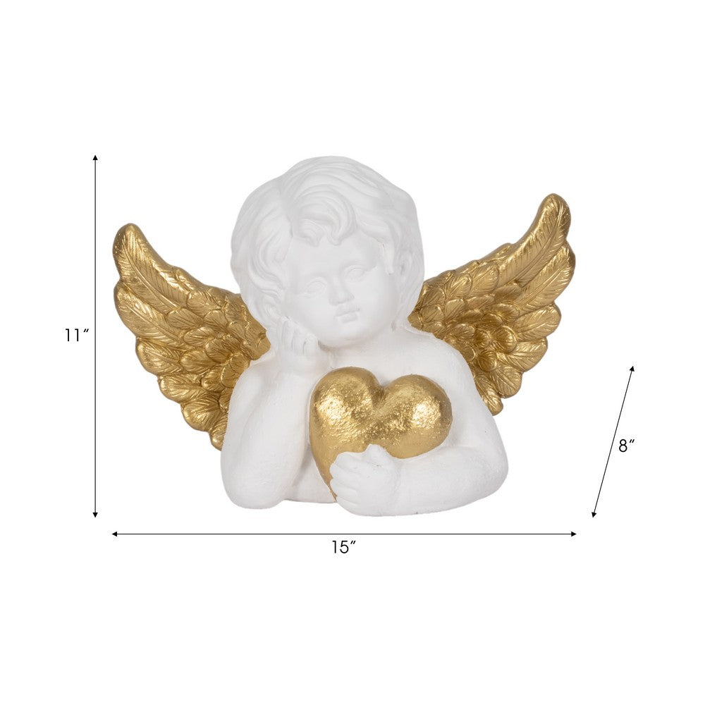 Outdoor Decorative Garden Cherub | Gold Heart & Wings | 15" White