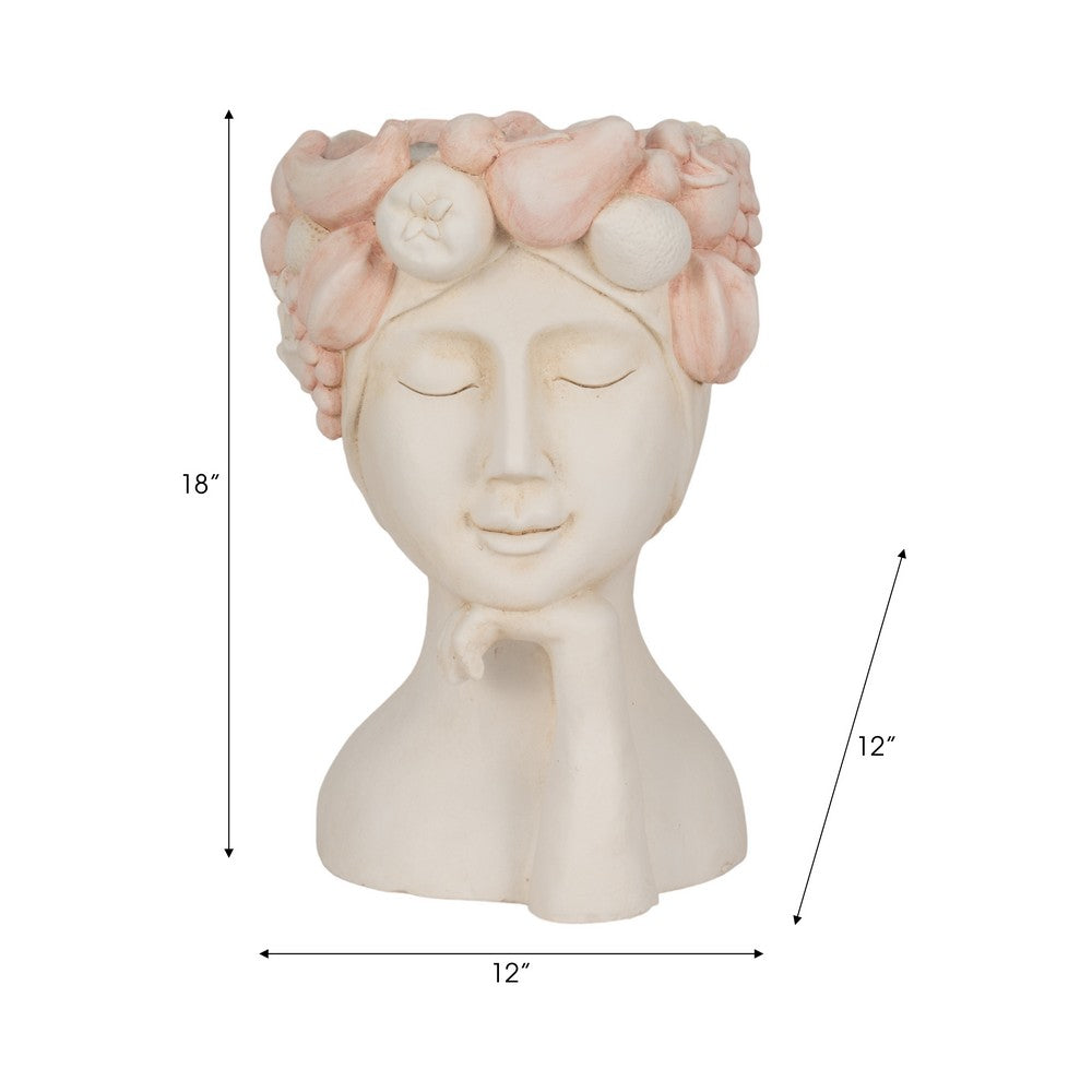 Decorative Accent Planter 18"| Lady with Floral Crown | Ivory, Pink