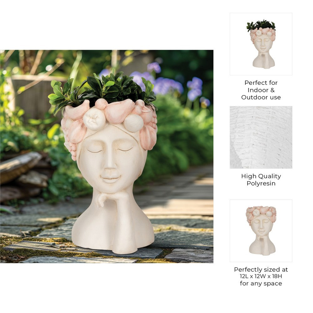 Decorative Accent Planter 18"| Lady with Floral Crown | Ivory, Pink