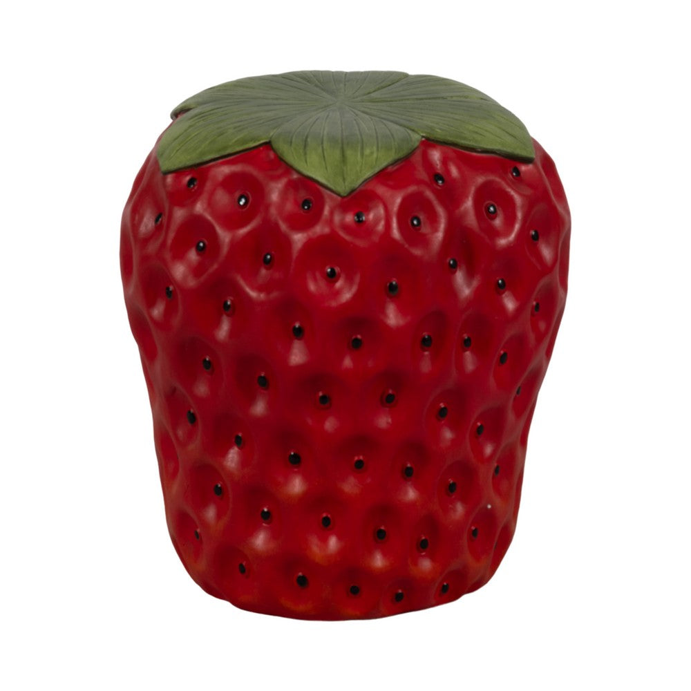 Strawberry Garden Stool | Red Polyresin w Green Leafy Cap | Black Seeds