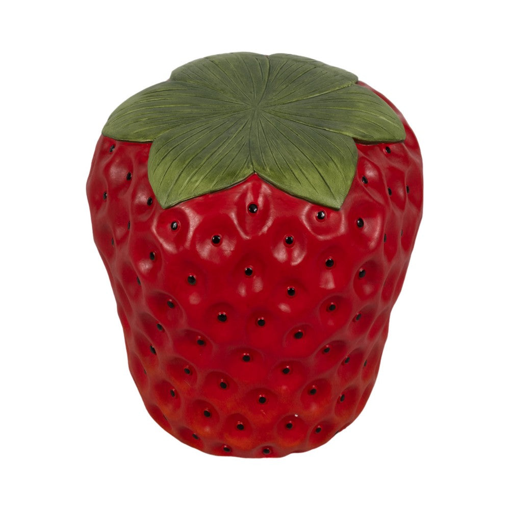 Strawberry Garden Stool | Red Polyresin w Green Leafy Cap | Black Seeds