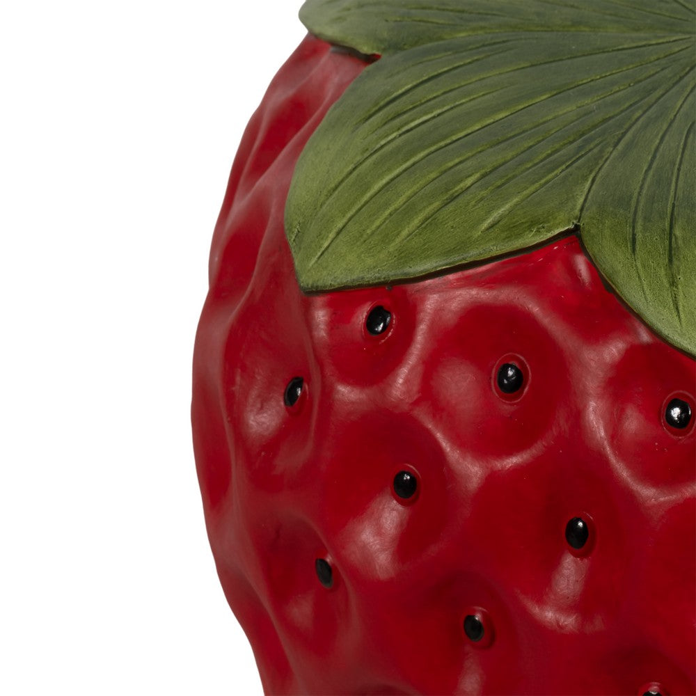 Strawberry Garden Stool | Red Polyresin w Green Leafy Cap | Black Seeds