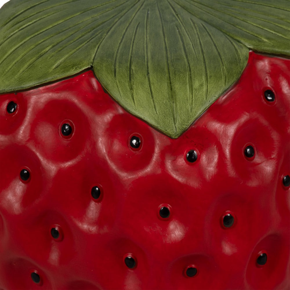 Strawberry Garden Stool | Red Polyresin w Green Leafy Cap | Black Seeds
