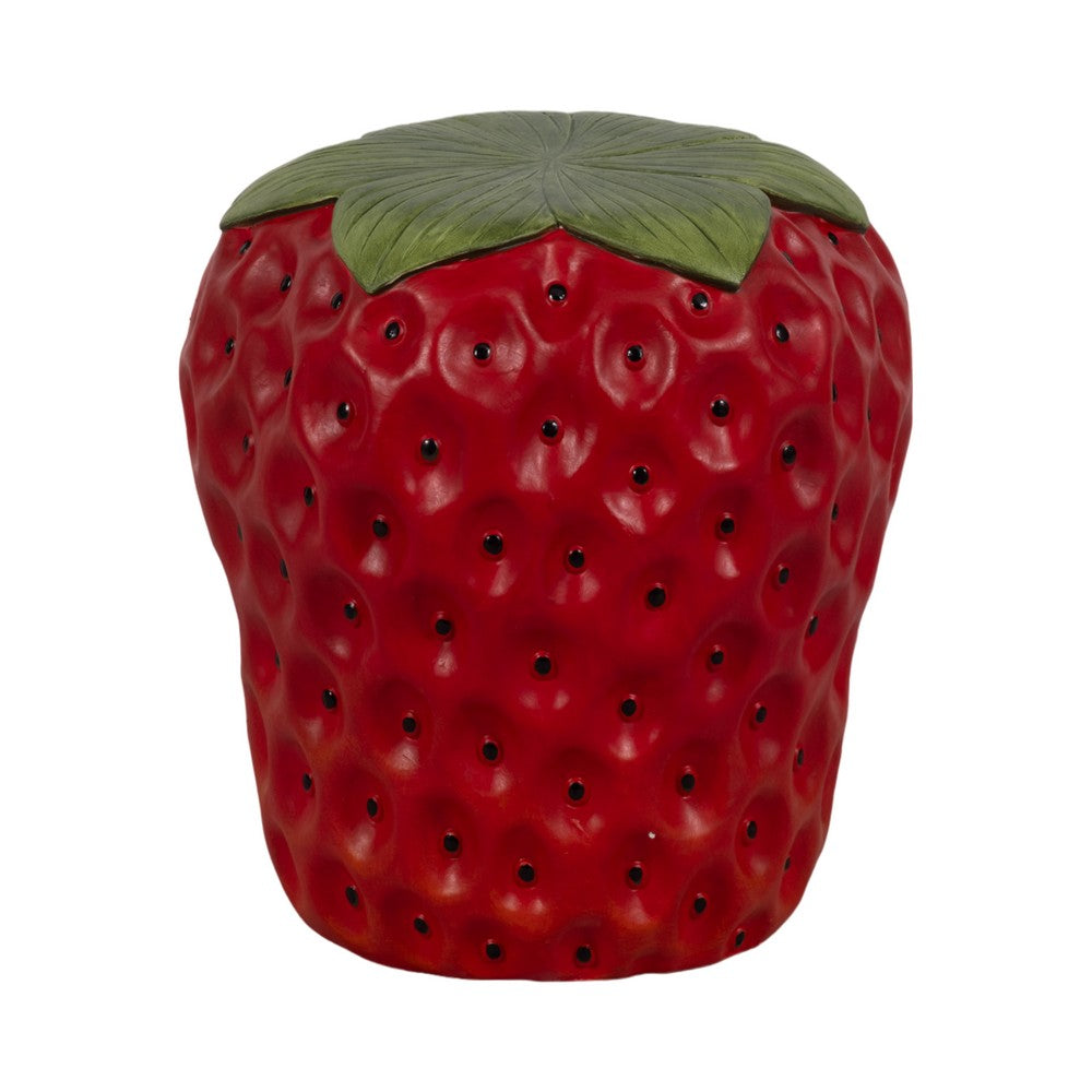 Strawberry Garden Stool | Red Polyresin w Green Leafy Cap | Black Seeds