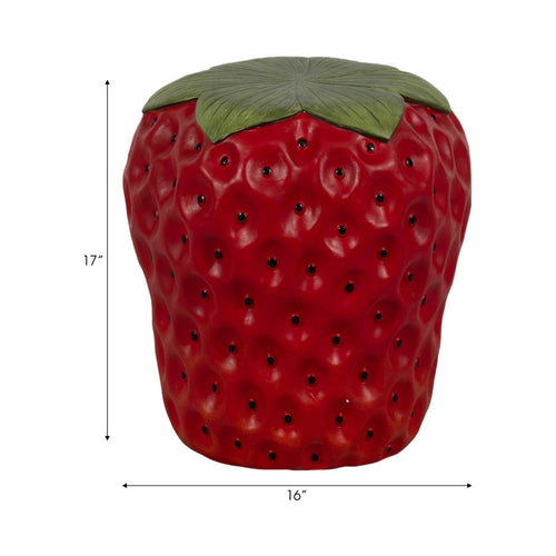 Strawberry Garden Stool | Red Polyresin w Green Leafy Cap | Black Seeds