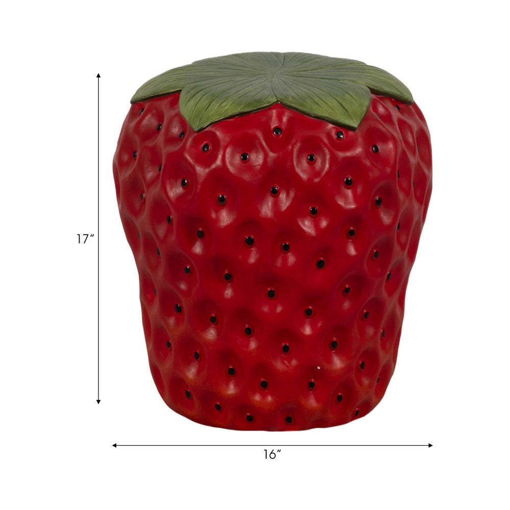 Strawberry Garden Stool | Red Polyresin w Green Leafy Cap | Black Seeds