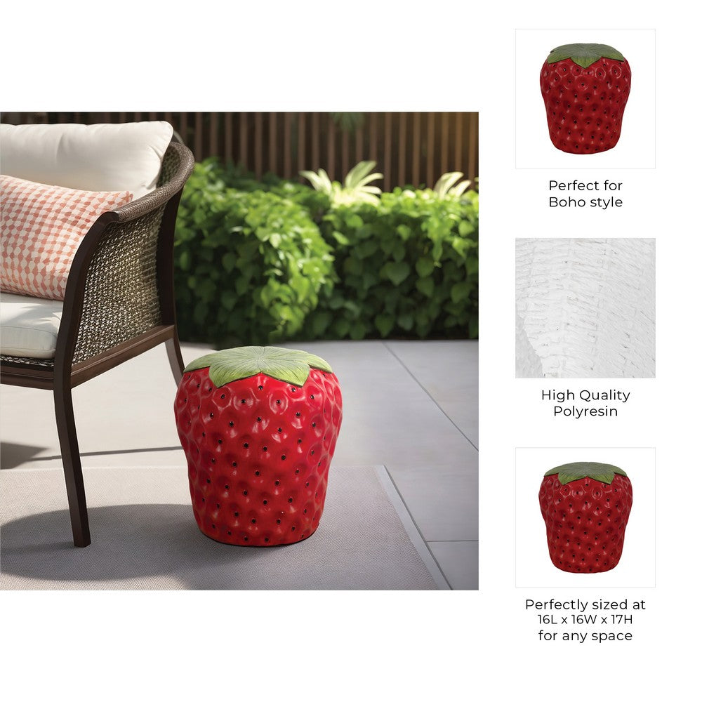 Strawberry Garden Stool | Red Polyresin w Green Leafy Cap | Black Seeds