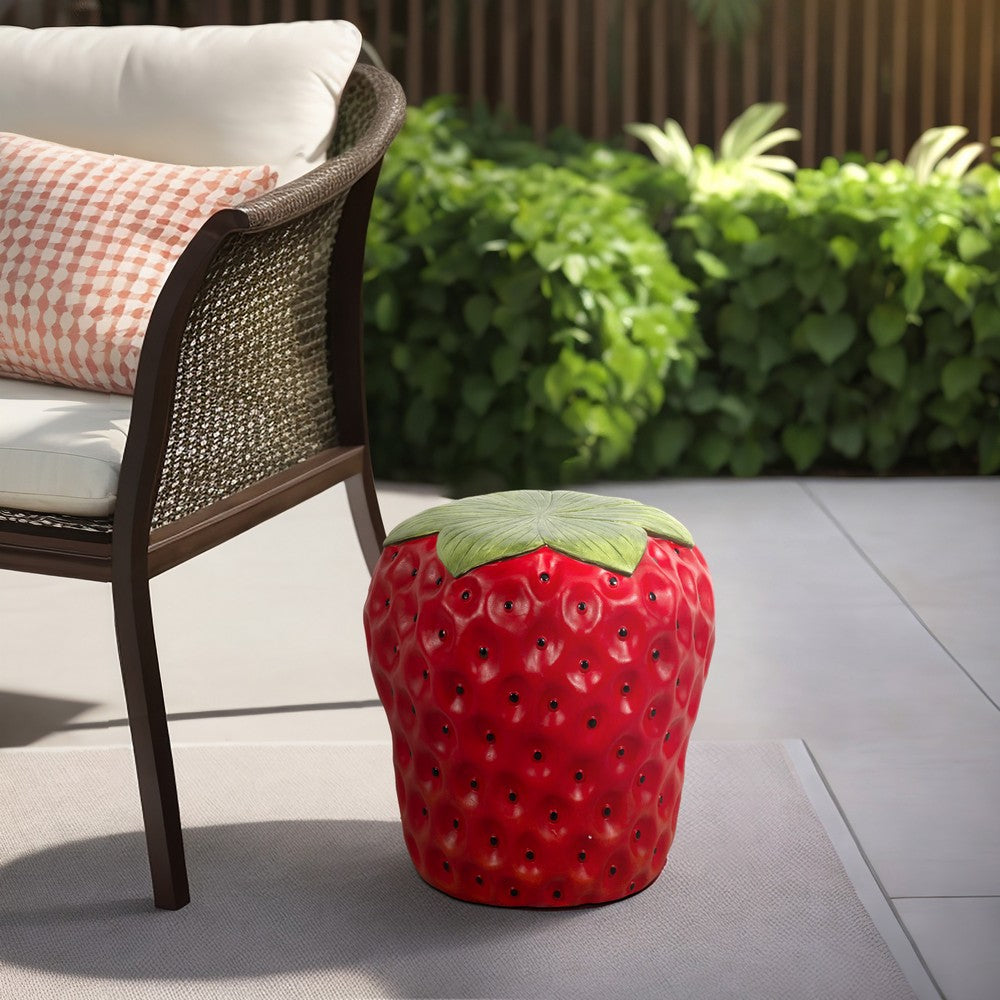Strawberry Garden Stool | Red Polyresin w Green Leafy Cap | Black Seeds