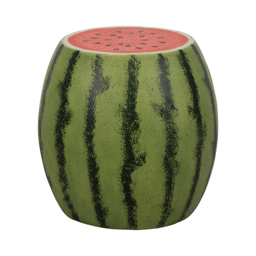 Vada Watermelon Garden Stool | Barrel Shaped Frame | Green & Pink Resin