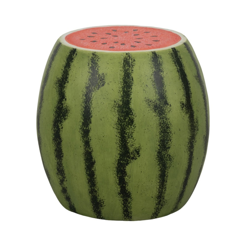 Vada Watermelon Garden Stool | Barrel Shaped Frame | Green & Pink Resin