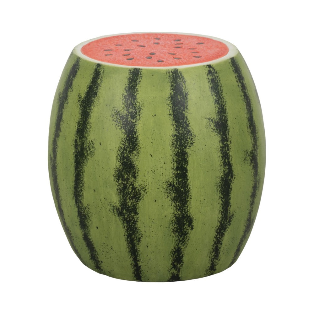 Vada Watermelon Garden Stool | Barrel Shaped Frame | Green & Pink Resin