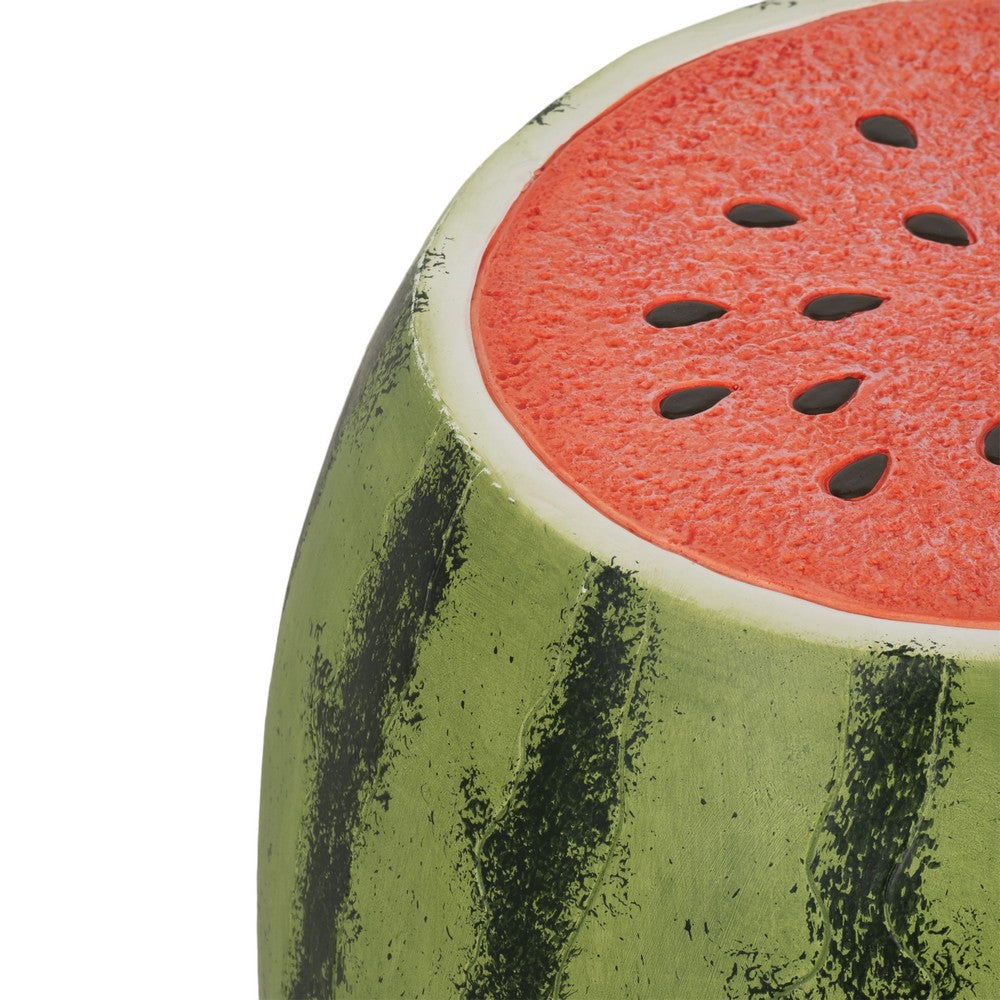 Vada Watermelon Garden Stool | Barrel Shaped Frame | Green & Pink Resin