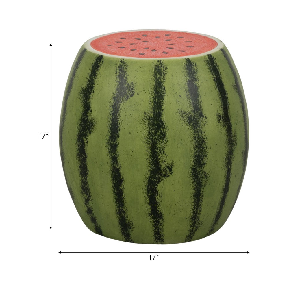 Vada Watermelon Garden Stool | Barrel Shaped Frame | Green & Pink Resin