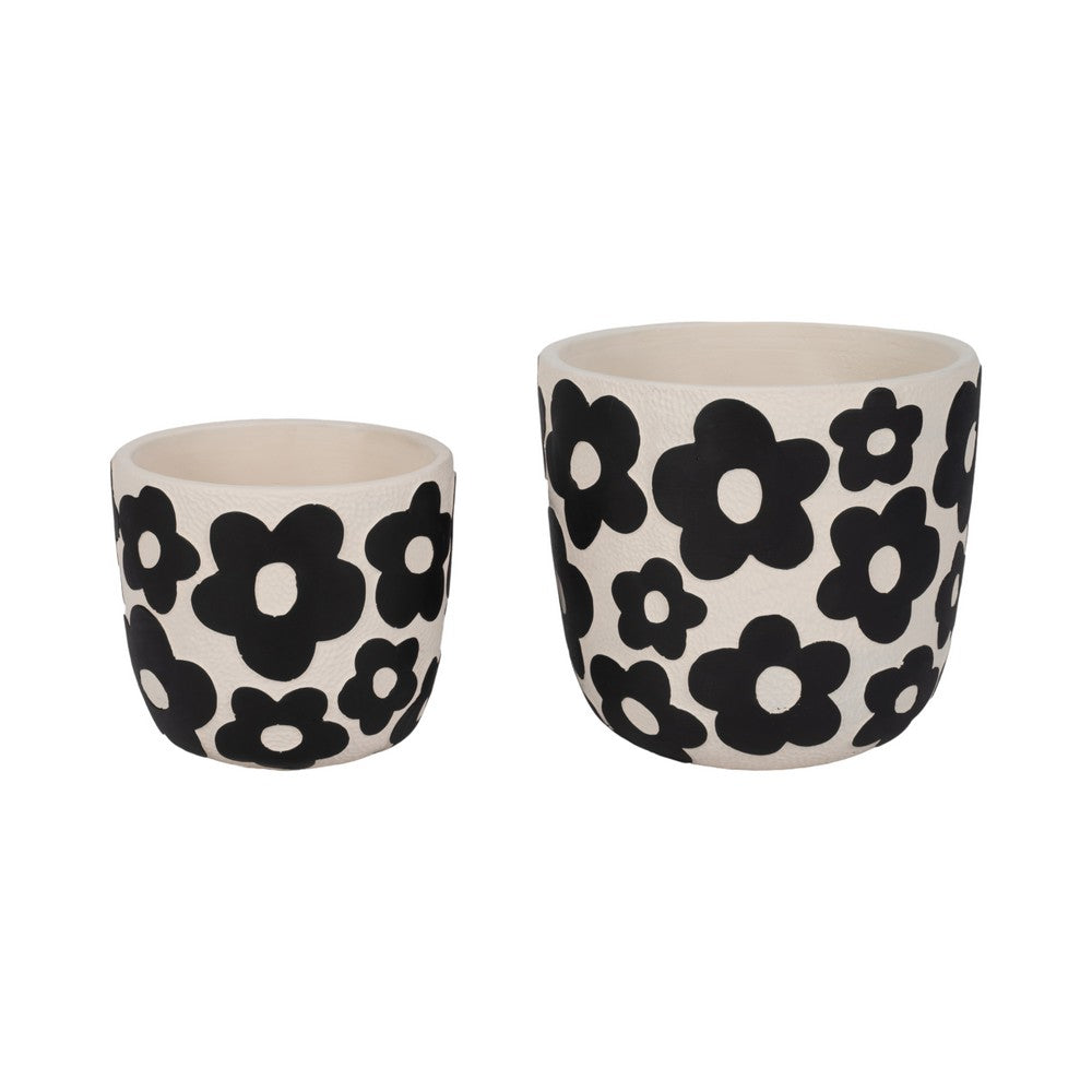 Outdoor Flower Planter Set of 2 | White Cement w Black Flower Motifs