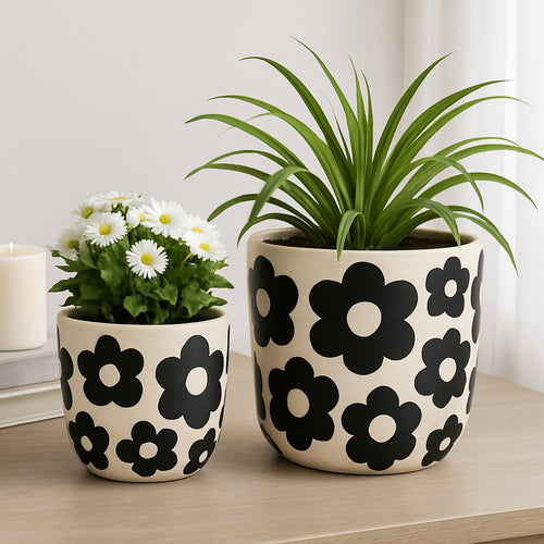 Outdoor Flower Planter Set of 2 | White Cement w Black Flower Motifs