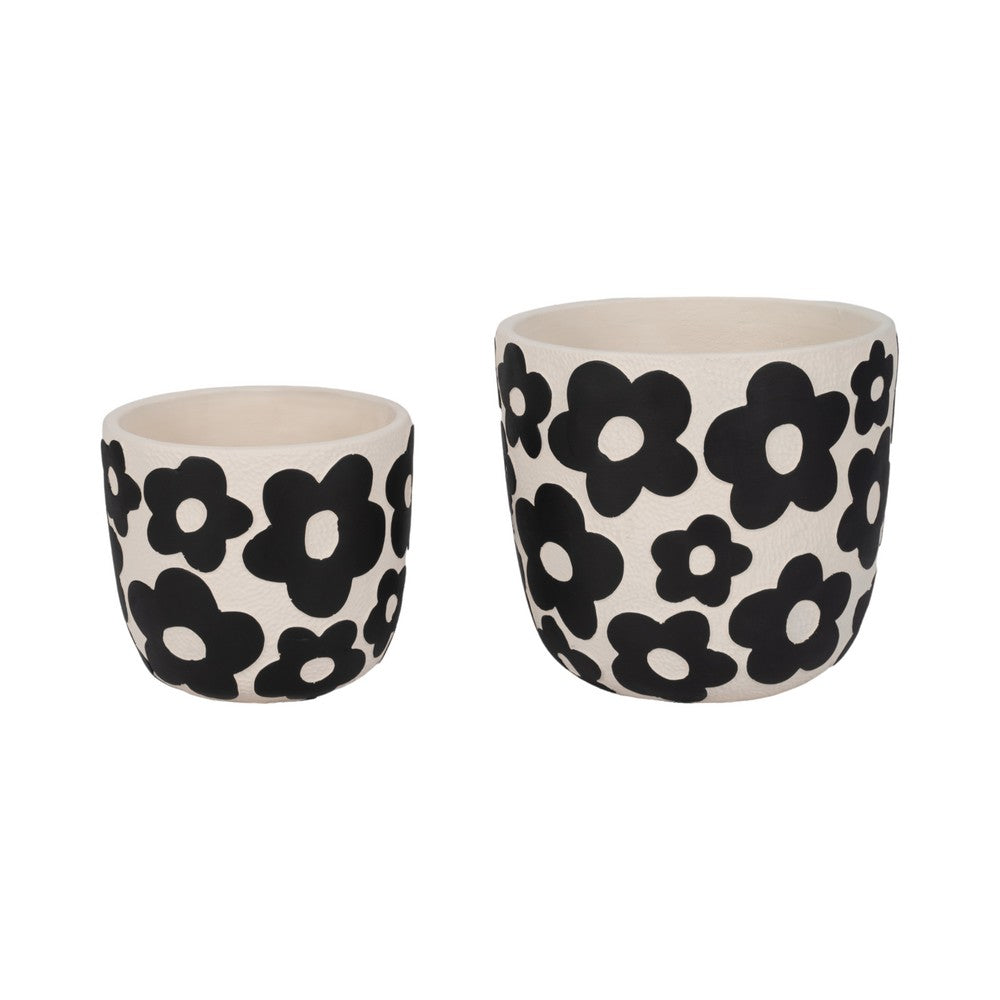 Outdoor Flower Planter Set of 2 | White Cement w Black Flower Motifs