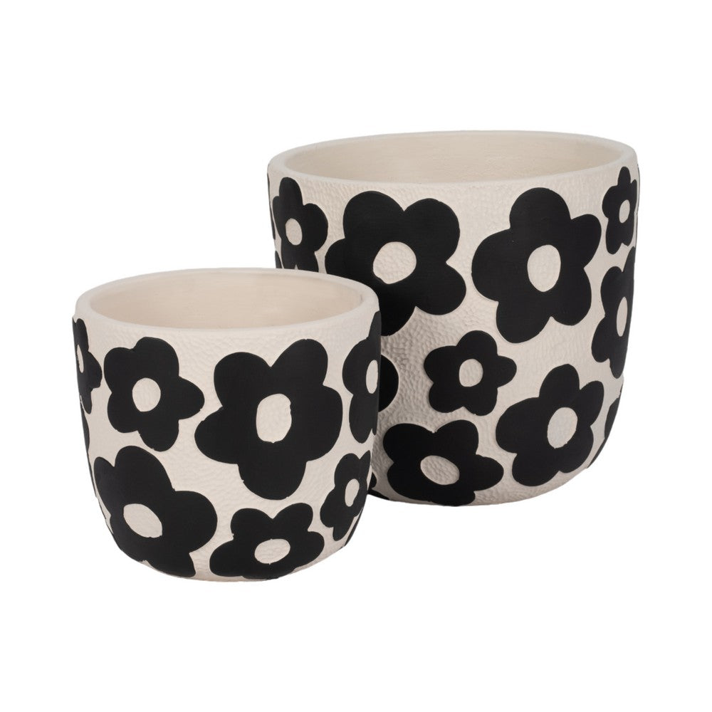 Outdoor Flower Planter Set of 2 | White Cement w Black Flower Motifs
