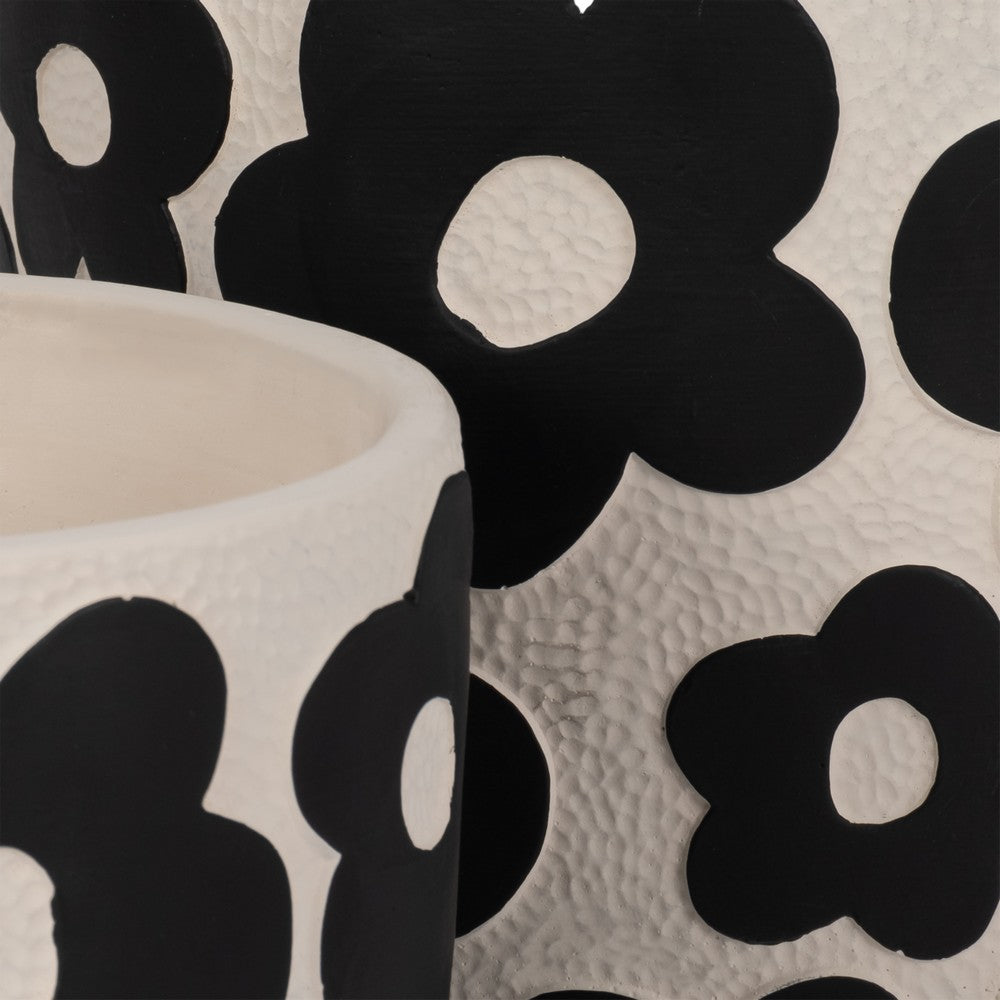 Outdoor Flower Planter Set of 2 | White Cement w Black Flower Motifs