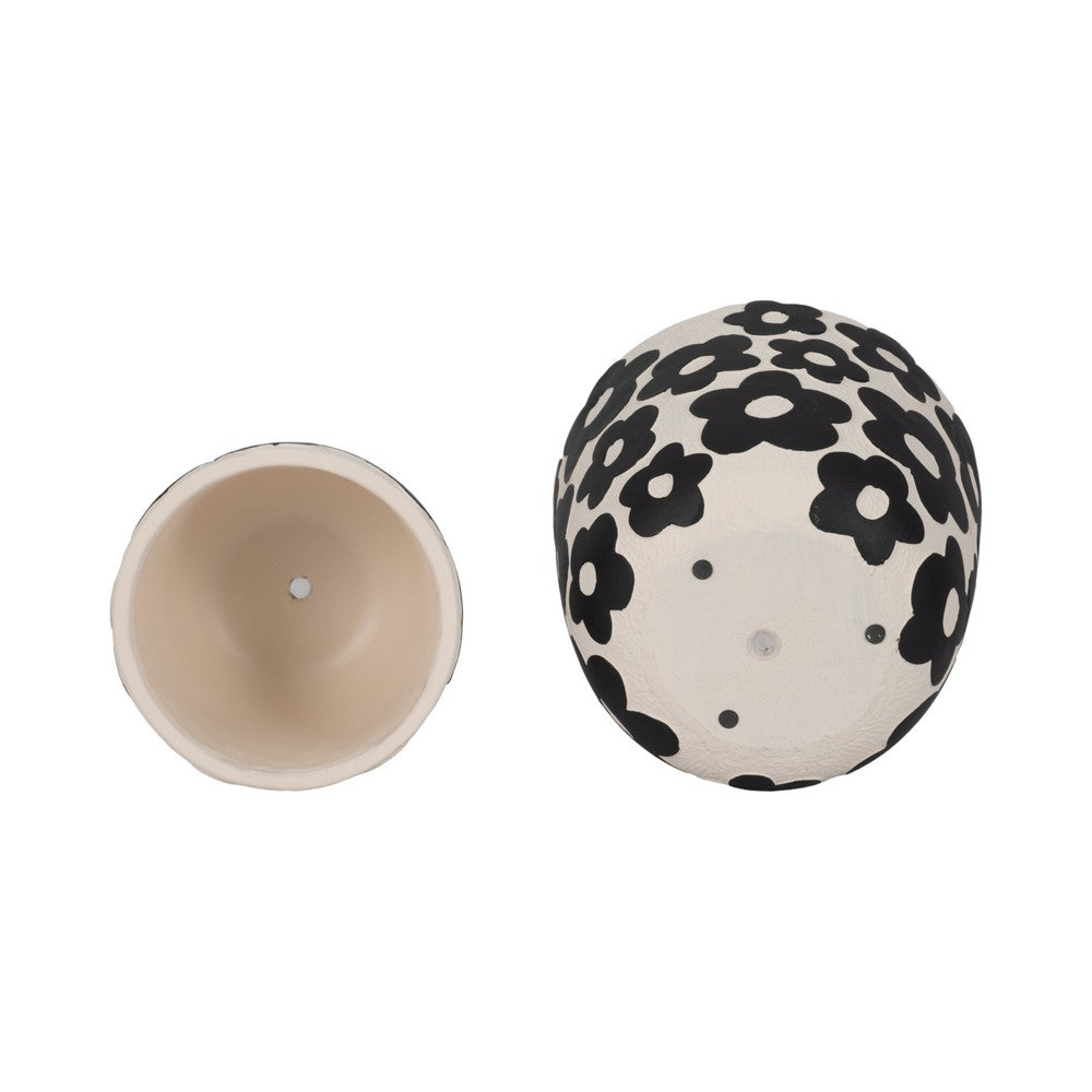 Outdoor Flower Planter Set of 2 | White Cement w Black Flower Motifs