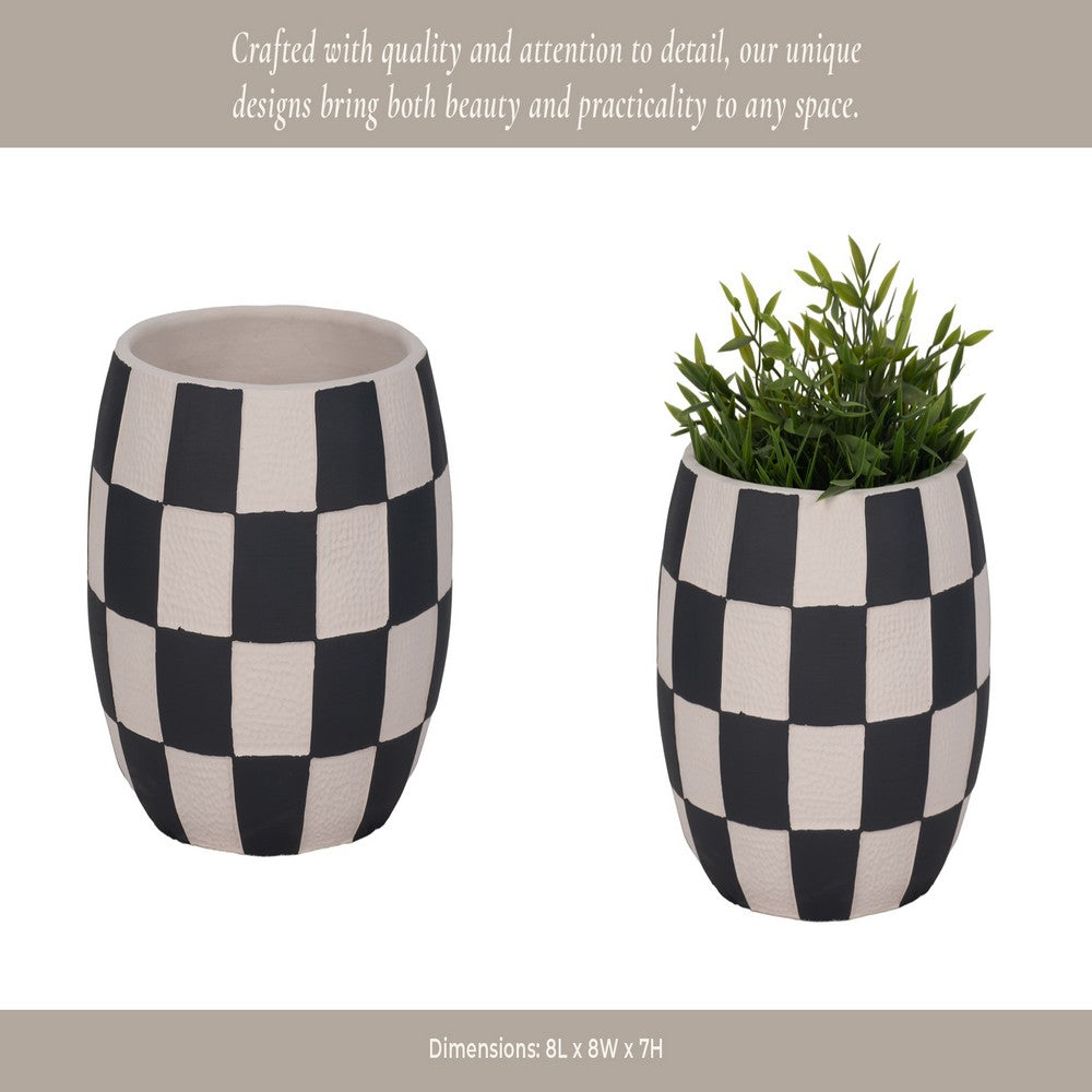 Decorative Planter | Round Shape | Checkered Black & White Cement 8"
