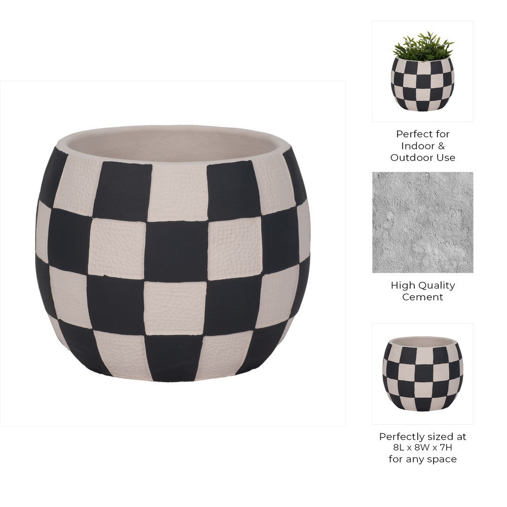 Decorative Planter | Round Shape | Checkered Black & White Cement 8"