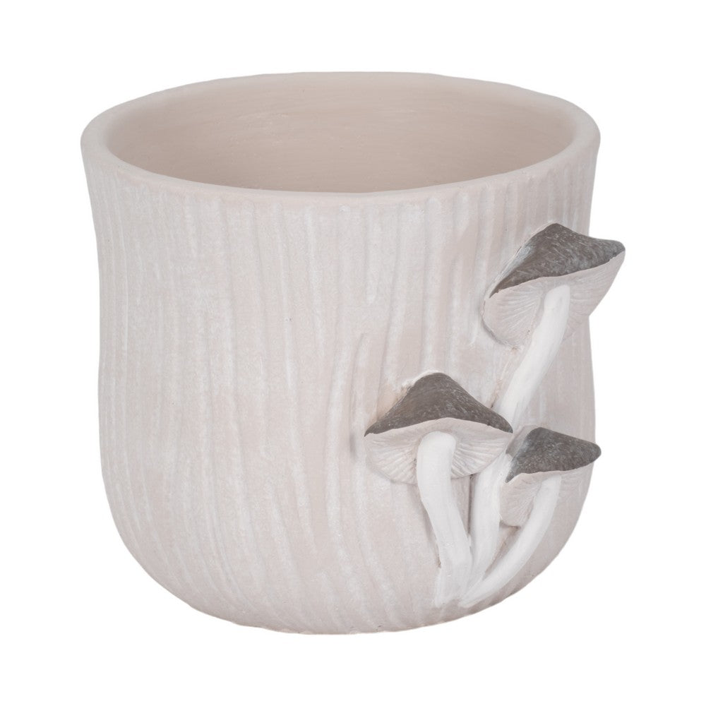 Outdoor Planter Pot | Mushroom Applique | Curved Round Gray Cement | 8"