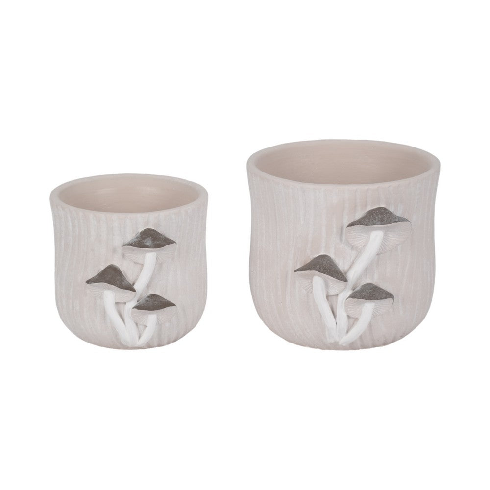 Outdoor Planter Pot | Mushroom Applique | Curved Round Gray Cement | 8"