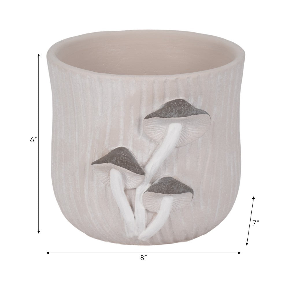 Outdoor Planter Pot | Mushroom Applique | Curved Round Gray Cement | 8"