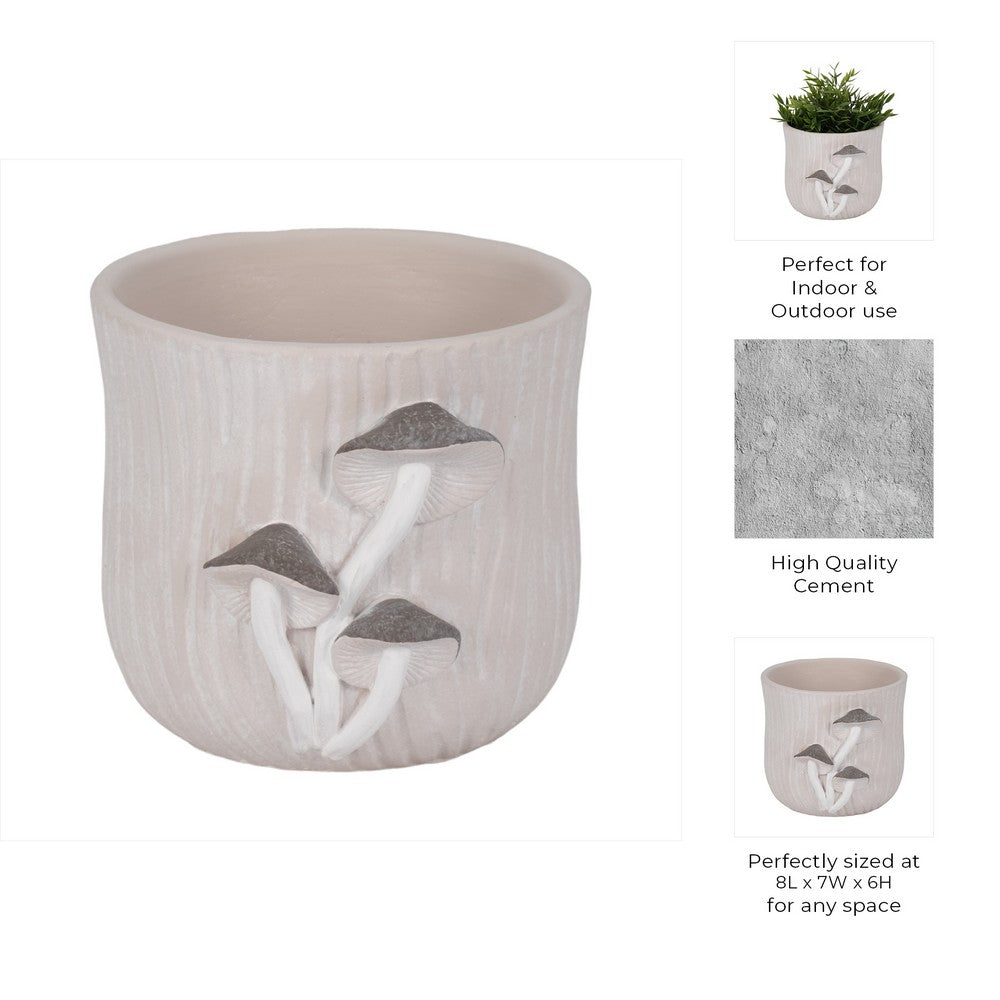 Outdoor Planter Pot | Mushroom Applique | Curved Round Gray Cement | 8"