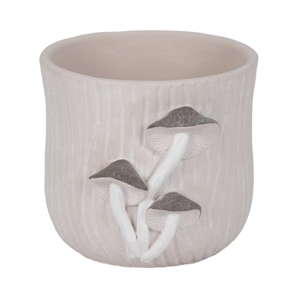 Outdoor Planter Pot | Mushroom Applique | Curved Round Gray Cement | 8"
