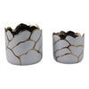 Decorative Outdoor Planter Set of 2 | Distressed White & Gold Scalloped Rim