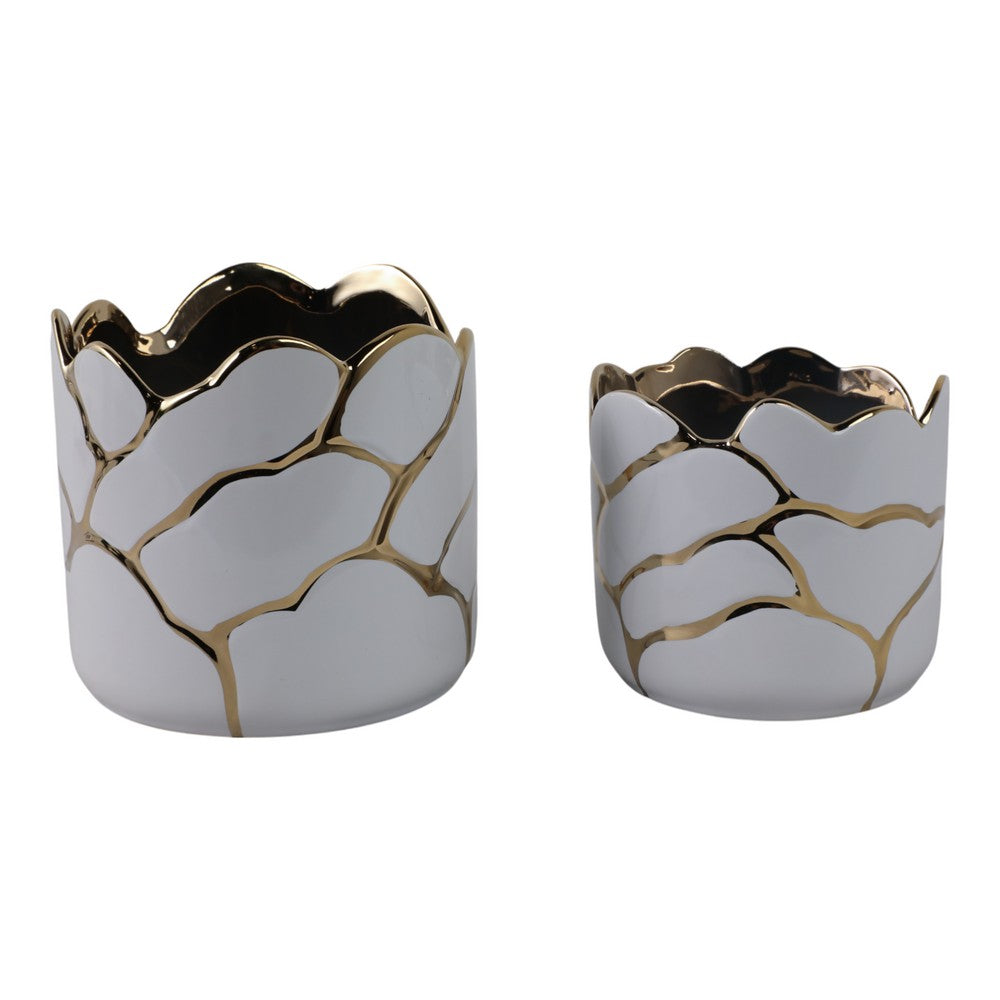Decorative Outdoor Planter Set of 2 | Distressed White & Gold Scalloped Rim