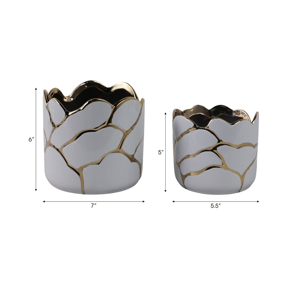 Decorative Outdoor Planter Set of 2 | Distressed White & Gold Scalloped Rim