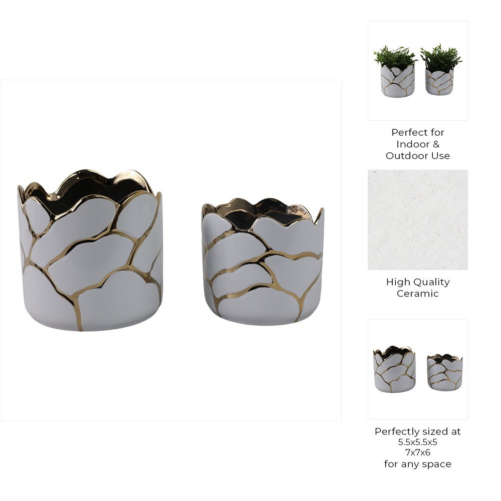 Decorative Outdoor Planter Set of 2 | Distressed White & Gold Scalloped Rim