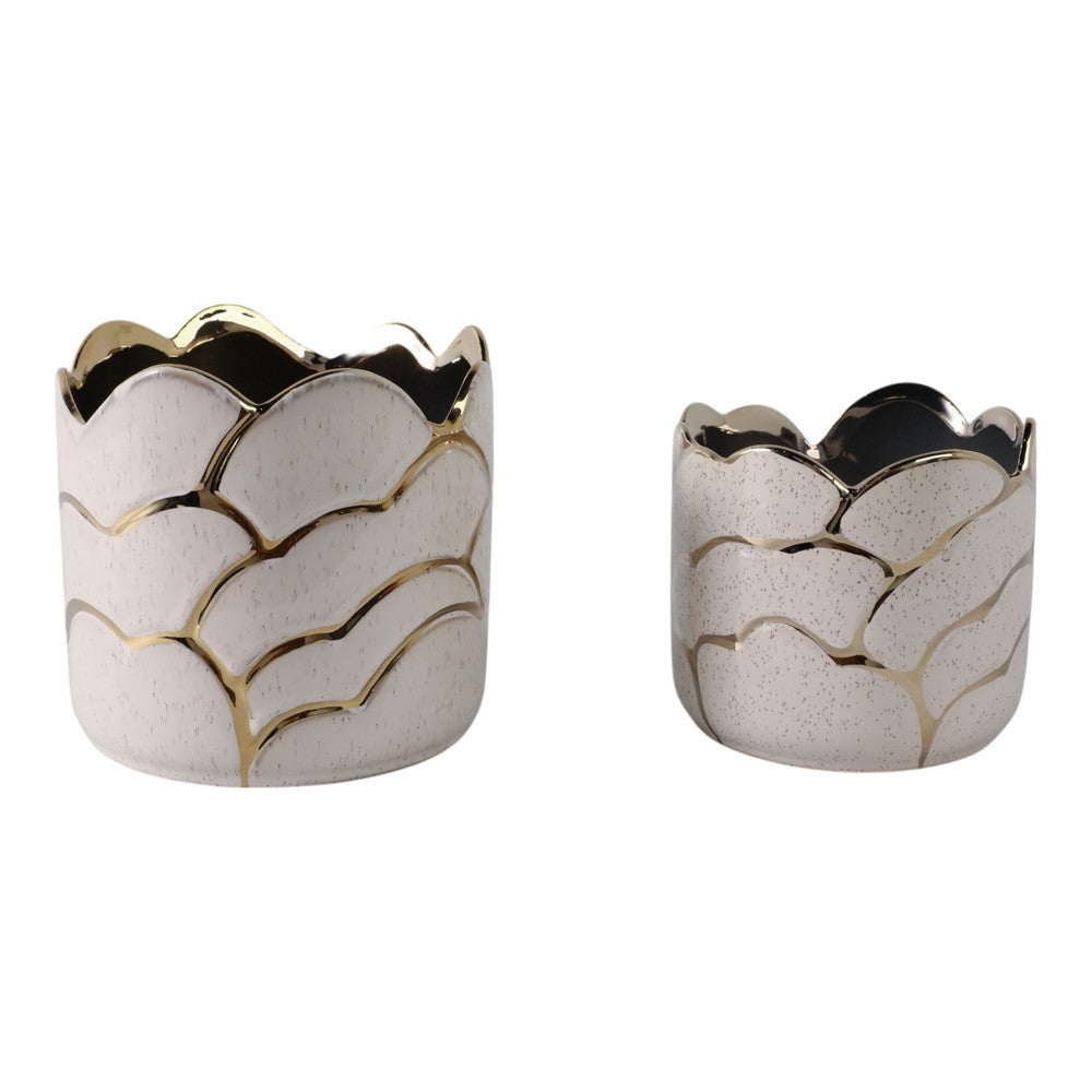 Ceramic Planter Set of 2 | Cloud Pattern & Scalloped Rim | Ivory | Gold SBH-20318