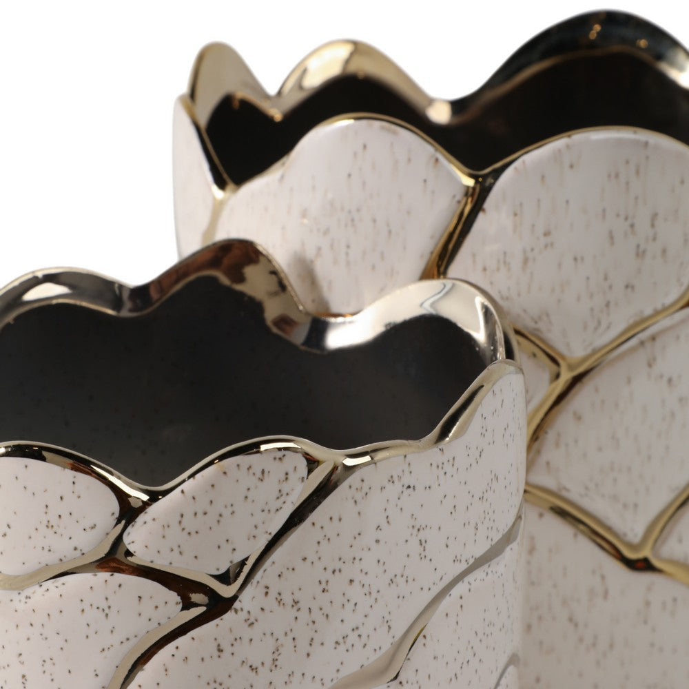 Ceramic Planter Set of 2 | Cloud Pattern & Scalloped Rim | Ivory | Gold SBH-20318