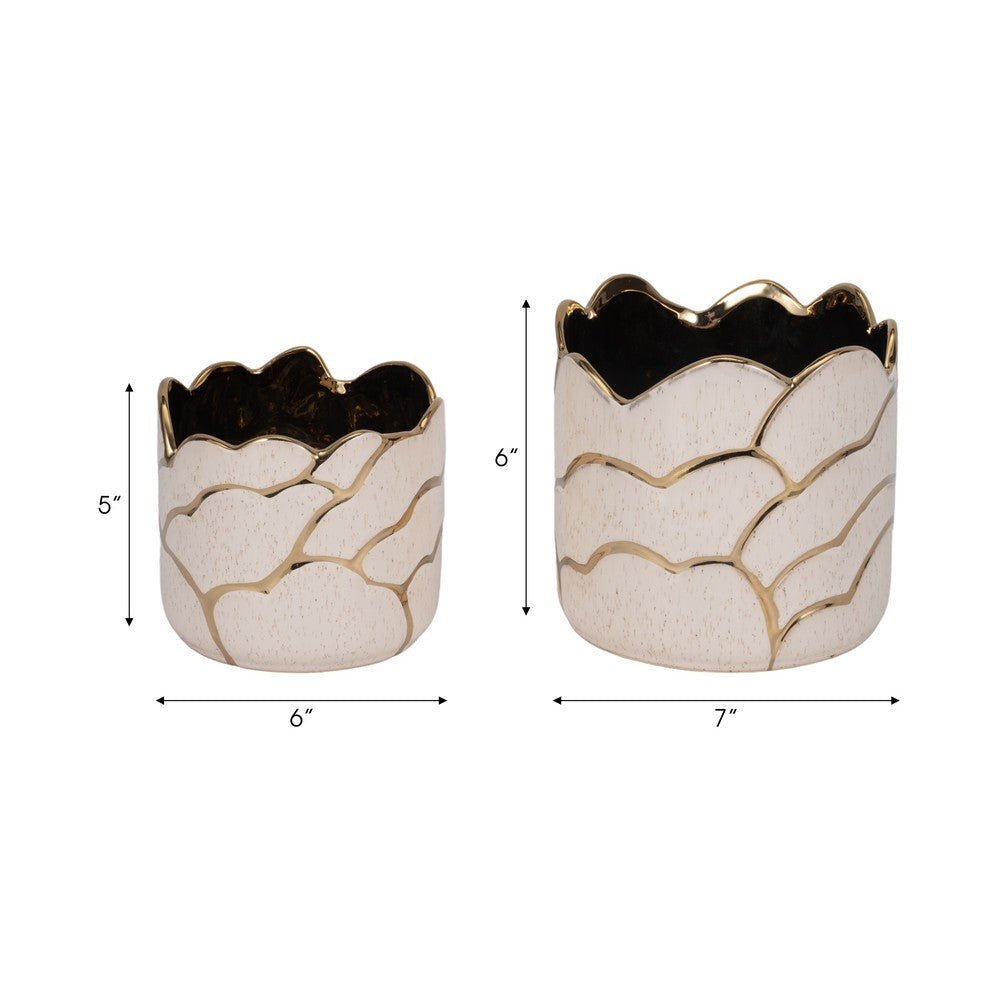 Ceramic Planter Set of 2 | Cloud Pattern & Scalloped Rim | Ivory | Gold SBH-20318