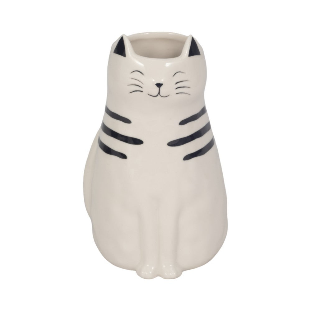 Cute Decorative Squiggly Kitty Sculptural Vase | Black Striped | 7" White