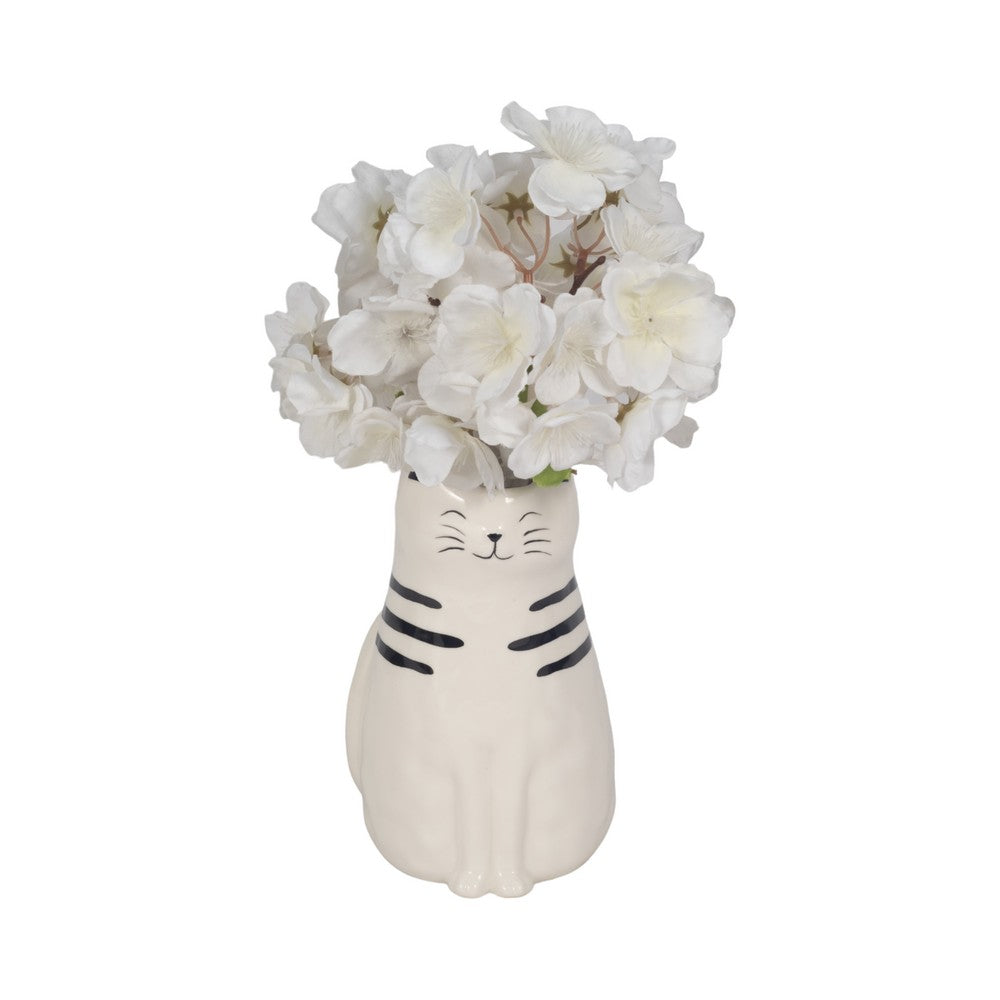 Cute Decorative Squiggly Kitty Sculptural Vase | Black Striped | 7" White