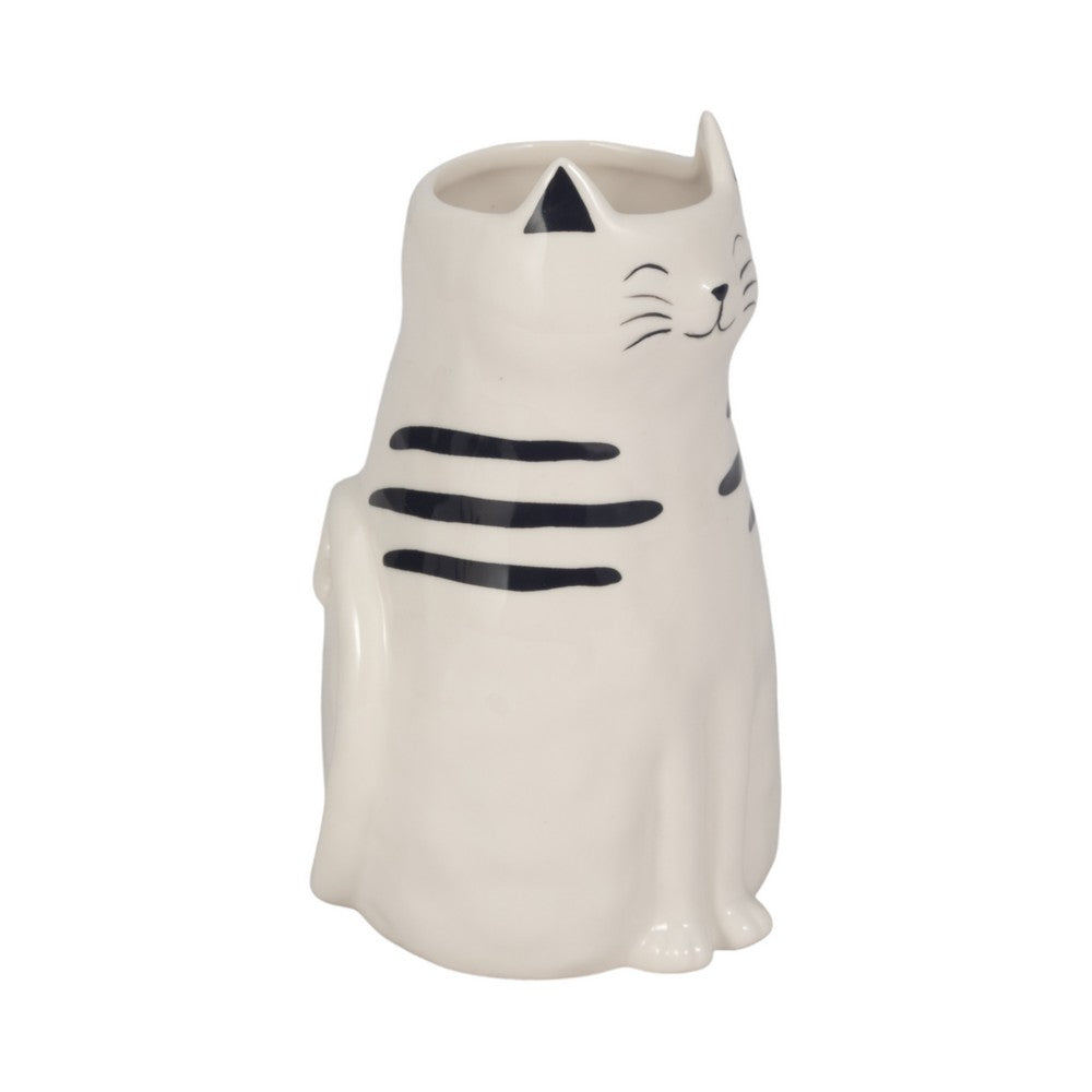 Cute Decorative Squiggly Kitty Sculptural Vase | Black Striped | 7" White