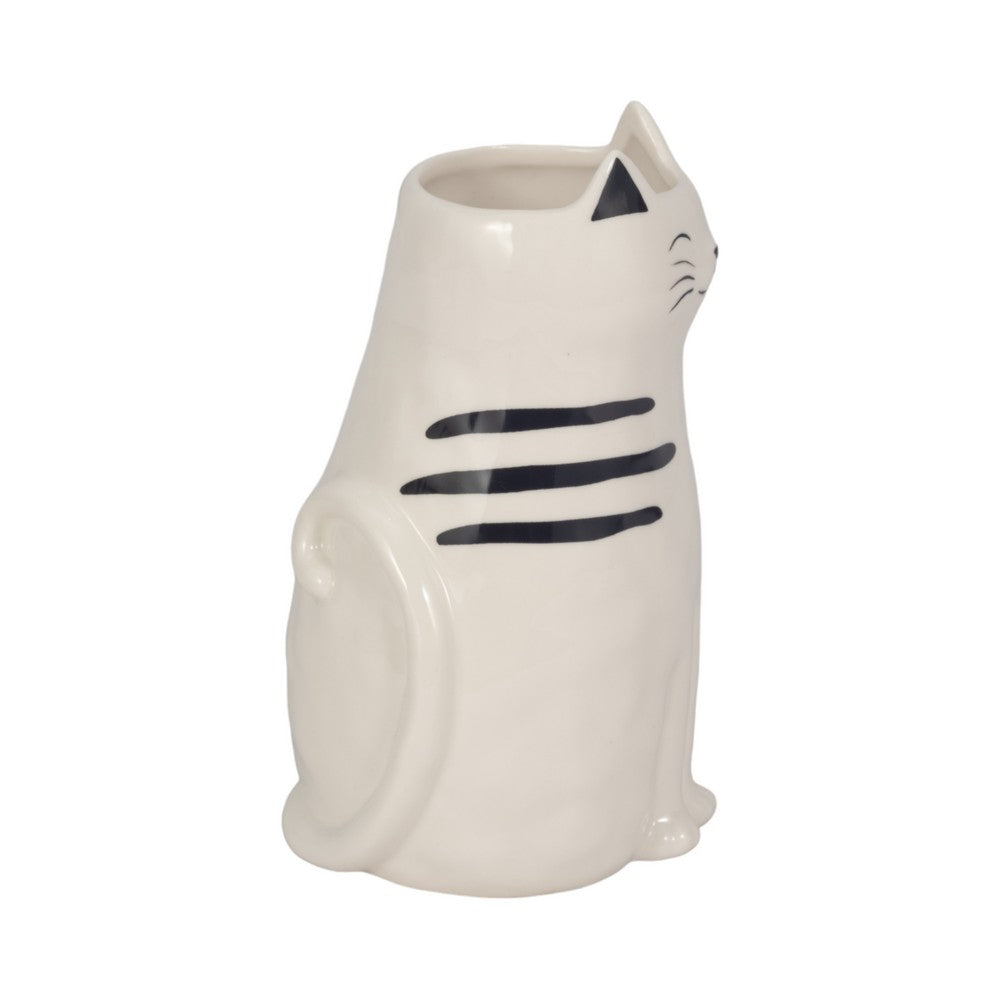 Cute Decorative Squiggly Kitty Sculptural Vase | Black Striped | 7" White