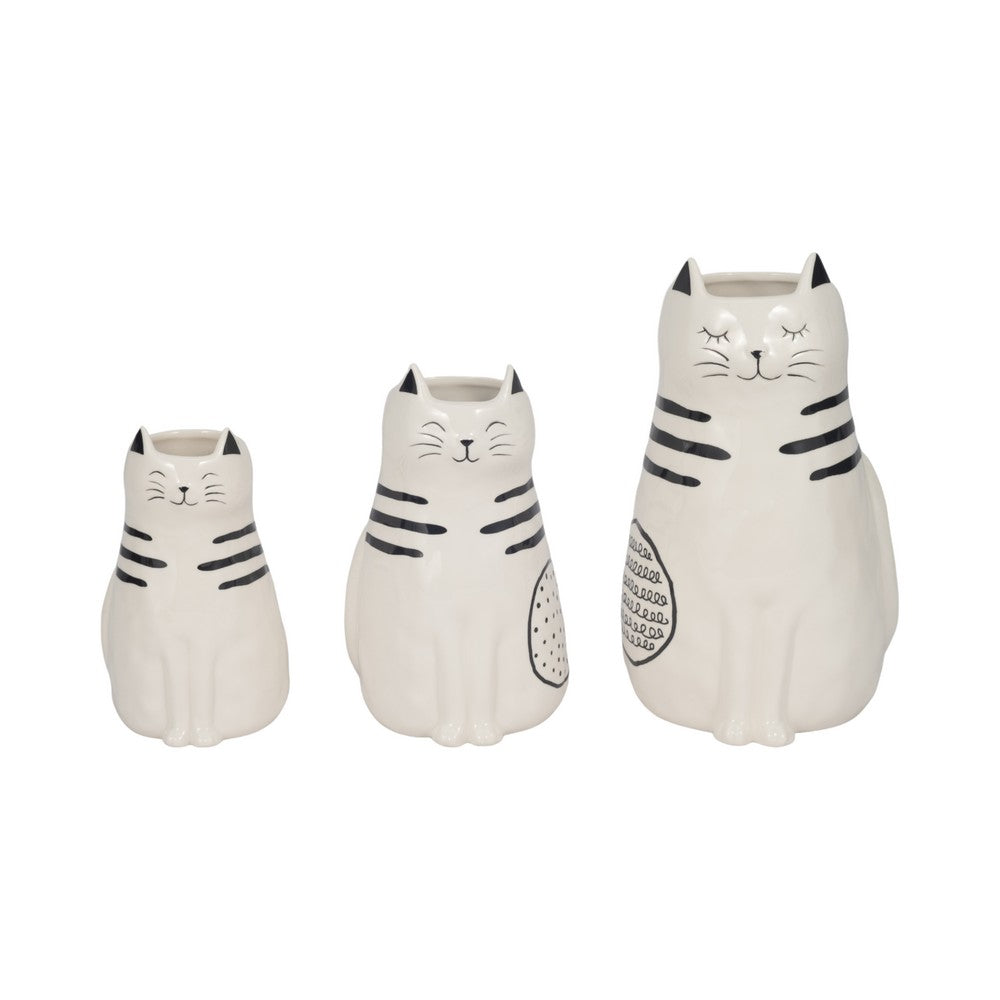 Cute Decorative Squiggly Kitty Sculptural Vase | Black Striped | 7" White