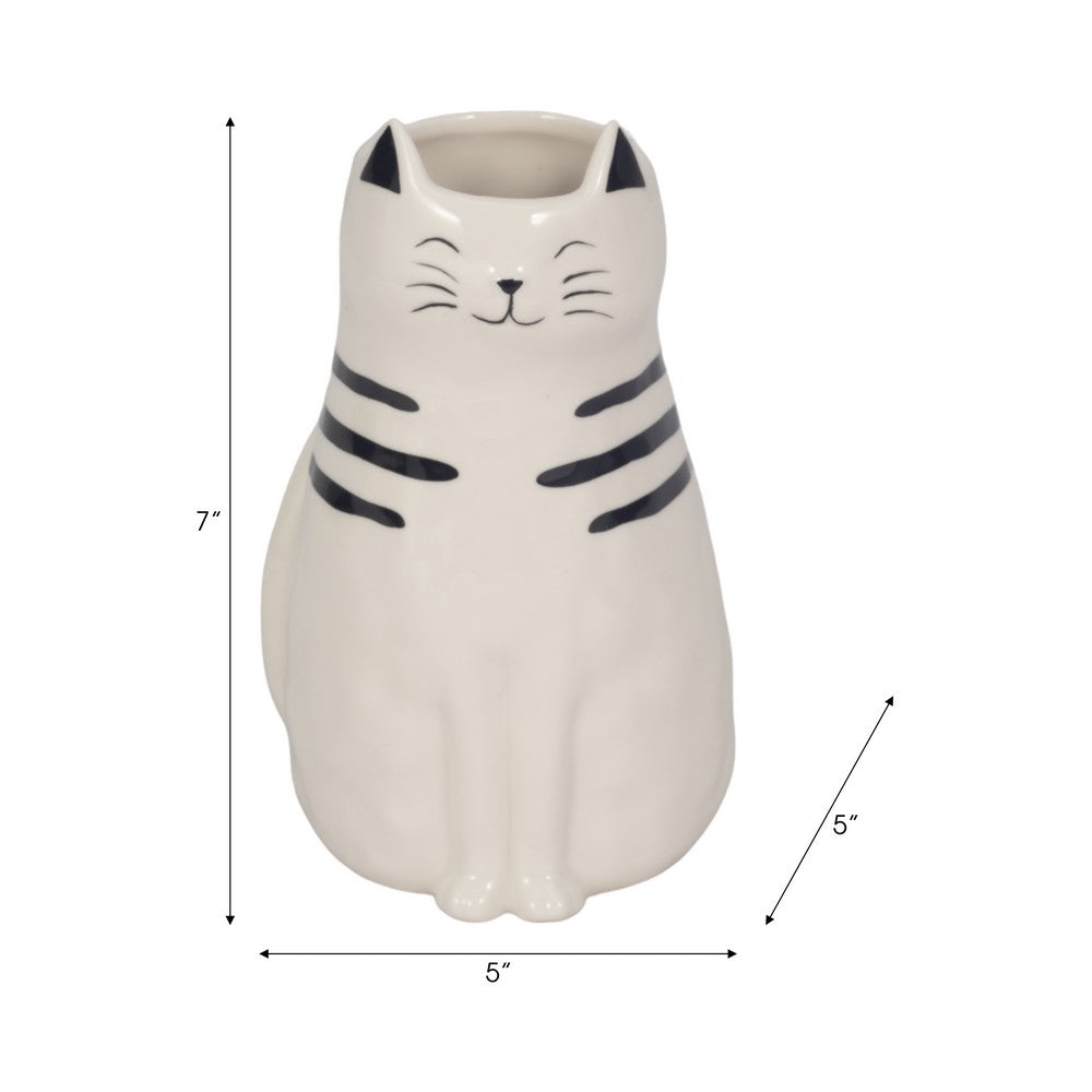 Cute Decorative Squiggly Kitty Sculptural Vase | Black Striped | 7" White