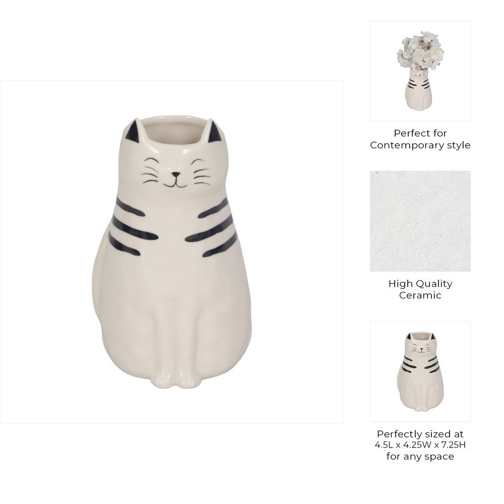 Cute Decorative Squiggly Kitty Sculptural Vase | Black Striped | 7" White