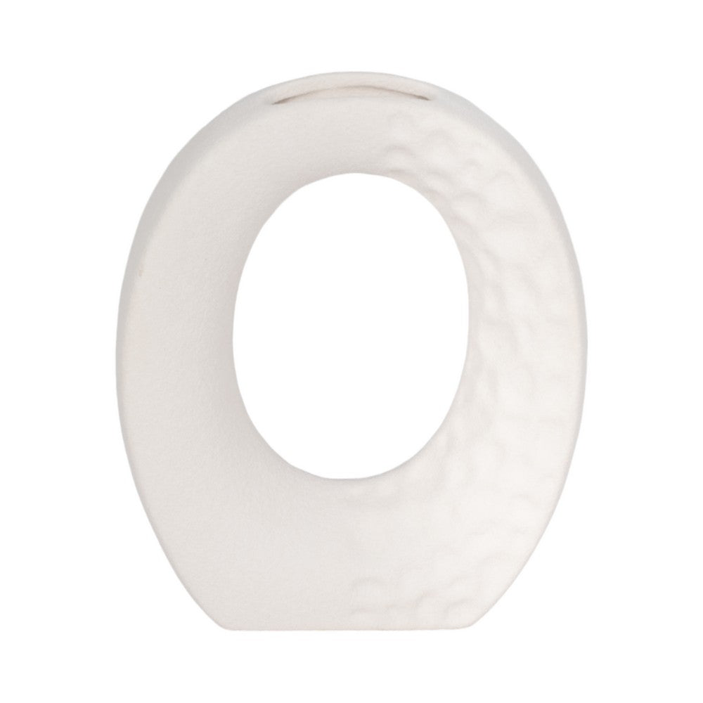 Decorative Flower Vase | Open Ring Cut Out | Rough White Ceramic | 7"
